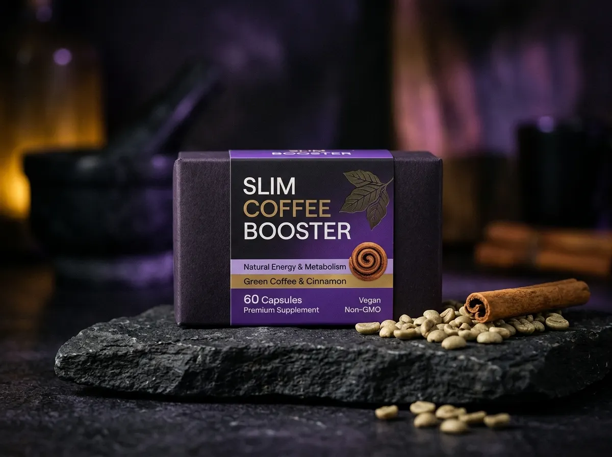 Slim Coffee Booster supplement box alongside green coffee beans - slim coffee booster review Australia